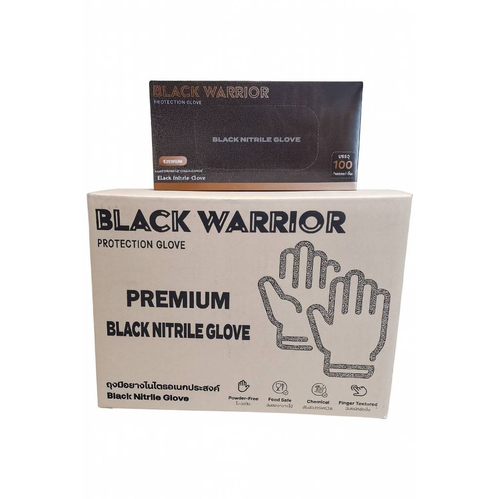[ยกลัง 10 กล่อง] ถุงมือยางไนไตรสีดำหนา 5 มิล BLACK WARRIOR  กล่อง 100 ชิ้น/50 คู่