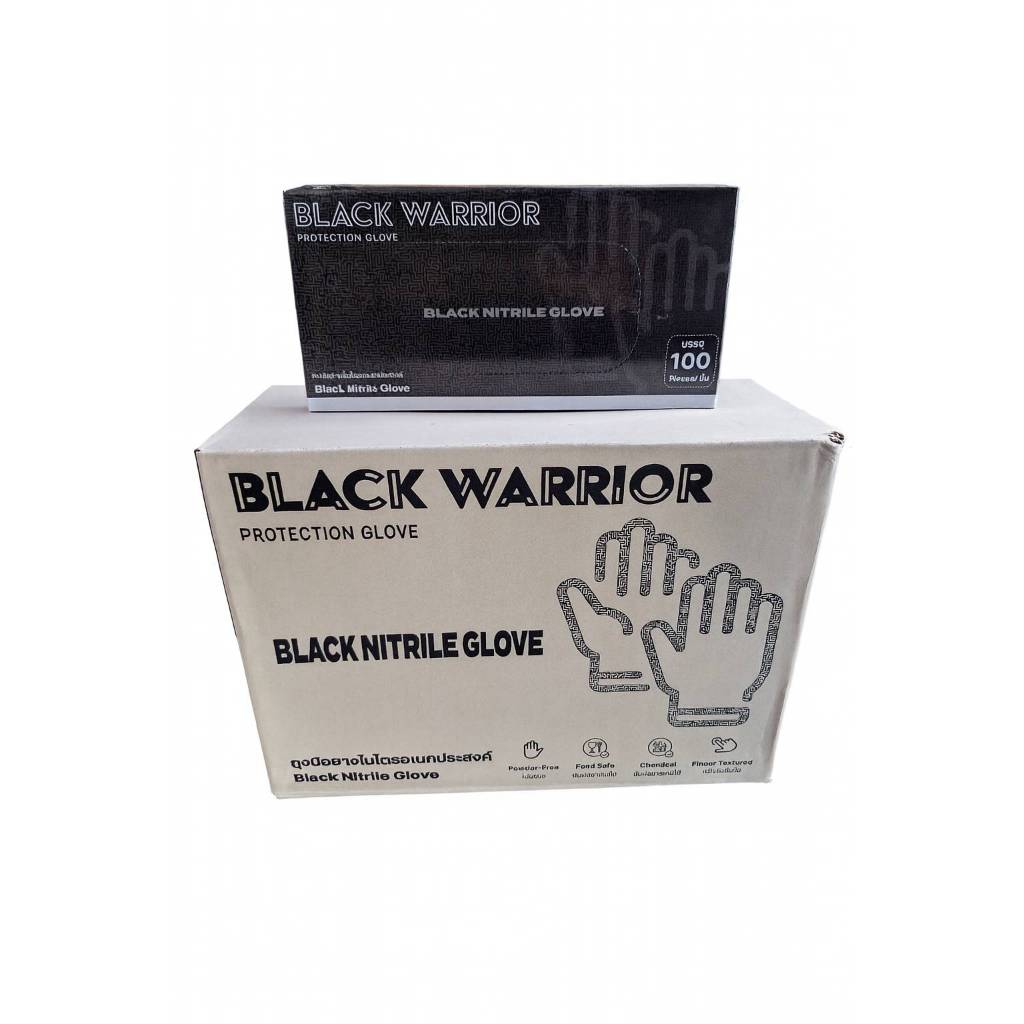 [ยกลัง 10 กล่อง] ถุงมือยาง BLACK WARRIOR ถุงมือยางไนไตรสีดำหนา 3.5 มิล ไม่มีแป้ง ถุงมือยางไนไตร 100 ชิ้น