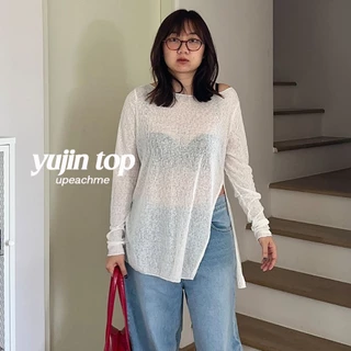*มีส่งด่วน* upeachme(B16,B17) Yujin Top [M-XL] เสื้อยืดคอกลมแขนยาวปาดไหล่สีขาว เสื้อแขนยาวปาดไหล่ เสื้อยืดตัวยาวผ่าหน้า