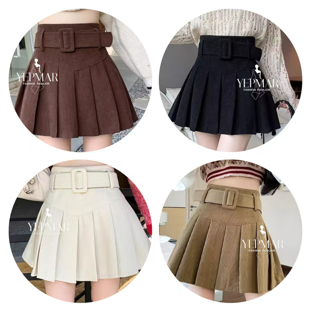 พร้อมส่ง กระโปรงลูกฟูก เอวสูง ซิปข้าง เข็มขัดผ้า จับจีบรอบตัวสีคลุมโทน แฟชั่นสไตล์ Y2K Clothing ผู้หญิง