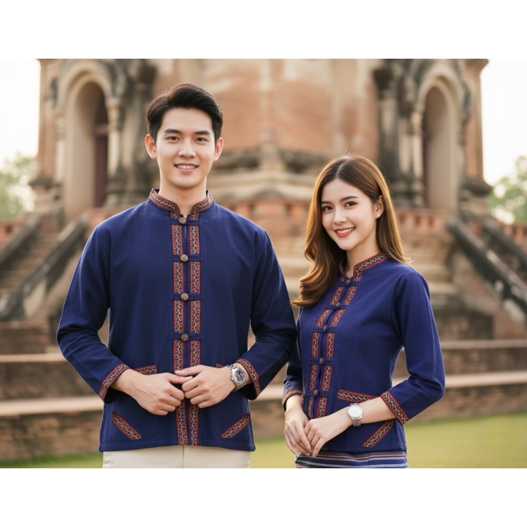 เสื้อพื้นเมือง คู่ ชาย/หญิง คอจีนแต่งแถบผ้าทอลาย