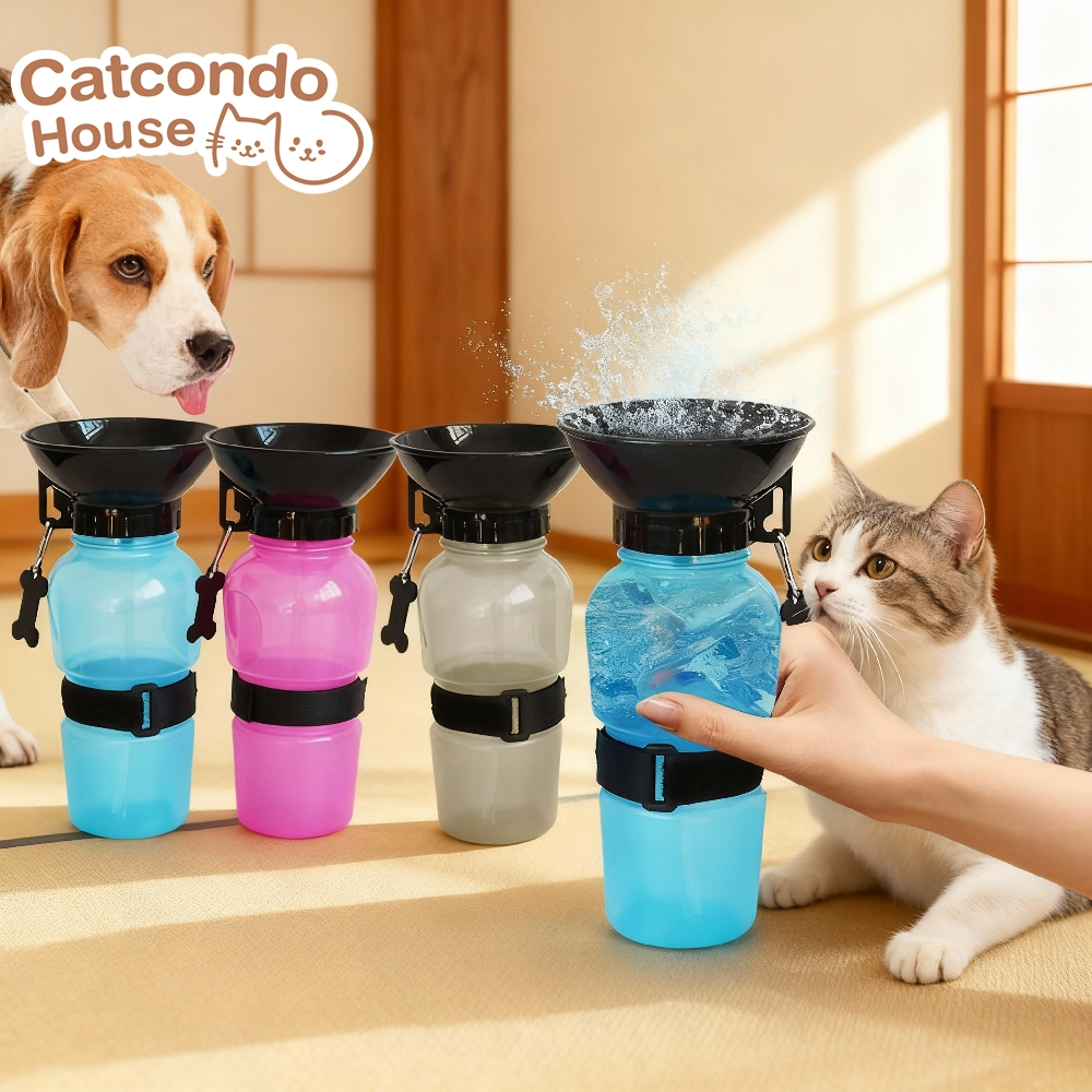 Cathouse กระบอกน้ำพกพา+ที่คล้อง(สุ่ม) ขวดน้ำพกพาสำหรับสุนัขและสัตว์เลี้ยง พร้อมชามดื่มในตัว เดินทางสะดวก