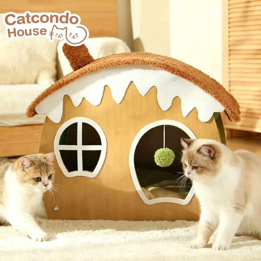 Cathouse บ้านแมวcozyสีน้ำตาล บ้านแมวทรงบ้านไม้หลังคาขนฟู บ้านแมว บ้านสุนัข เบาะแมว เบาะสุนัข
