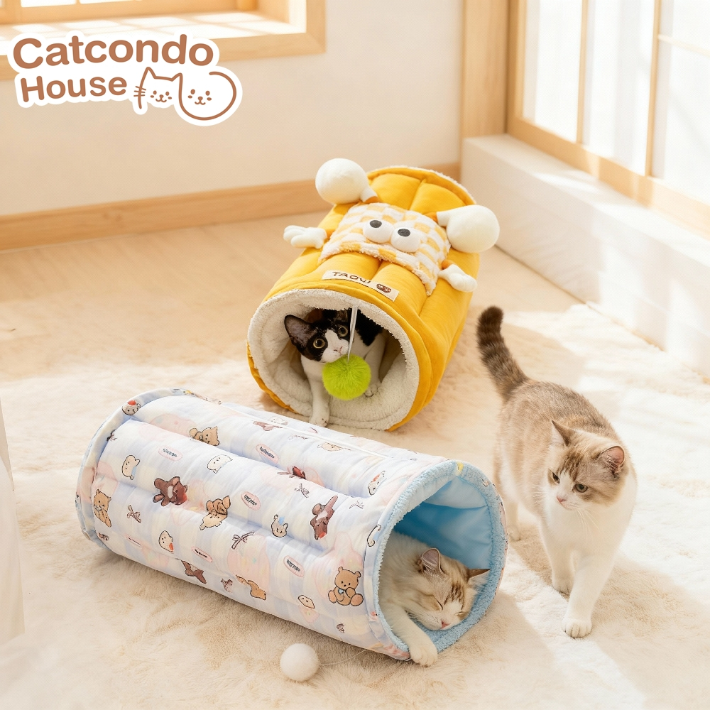 Cathouse อุโมงค์แมวผ้านุ่ม (หมีสีฟ้า) (เหลืองตาโต) บ้านแมว 2-in-1 เปลี่ยนเป็นเบาะนอนได้ อุโมงค์แมวพร้อมของเล่