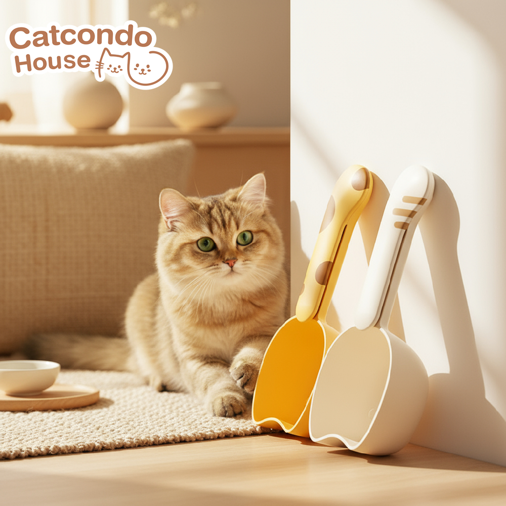 Cathouse ช้อน(รูปหางแมว) ที่ตักอาหารแมวแบบมัลติฟังก์ชัน พร้อมคลิปหนีบปากถุงในตัว ใช้งานง่าย เก็บอาหารได้นาน