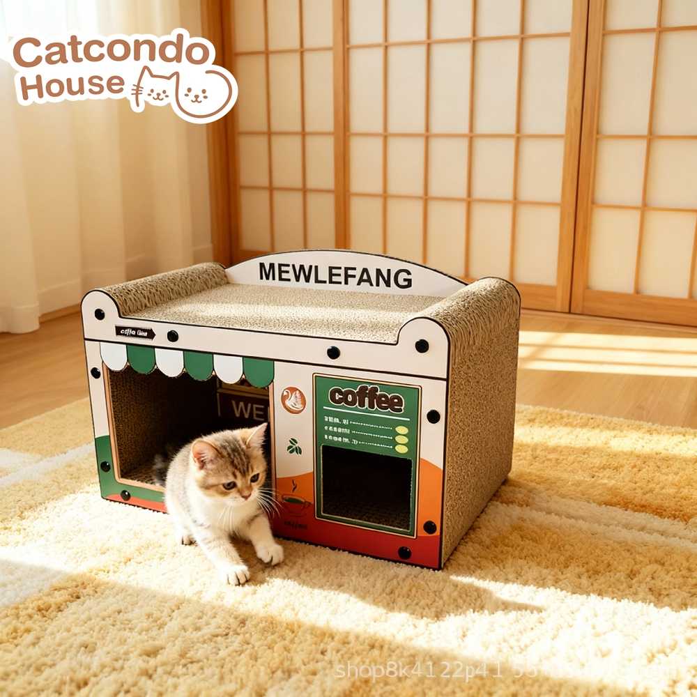 Cathouse กล่องบ้านลับเล็บ (51x34cm)ร้านกาแฟดำ ร้านกาแฟเขียว ชินจังsleep time ชินจังhappy day ขาวลายแมว ครีมลายแมว