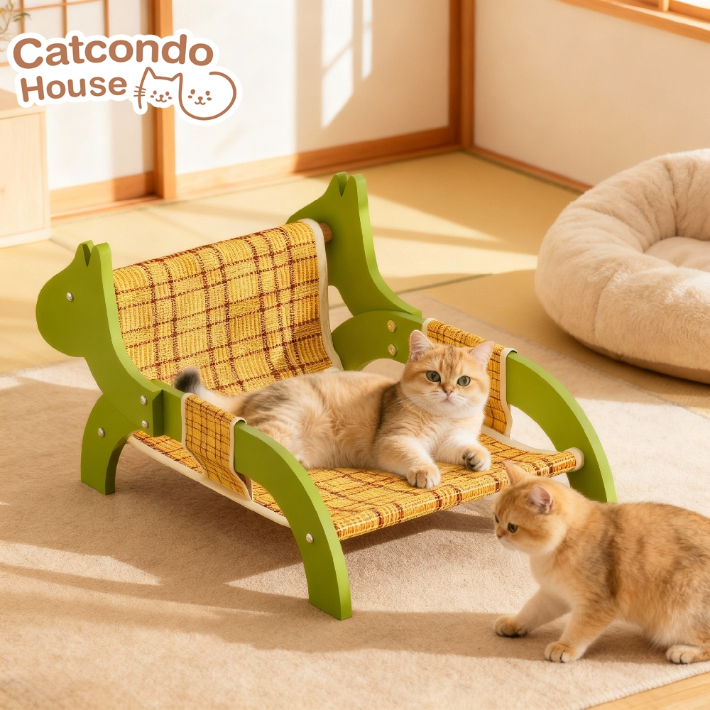 Cathouse โซฟารูปแมว+เสื่อ(สีเขียว) เตียงแมวไม้ดีไซน์น่ารัก ผ้าแข็งแรง ระบายอากาศดี ถอดซักได้ ขนาด 57x32x27 ซม.