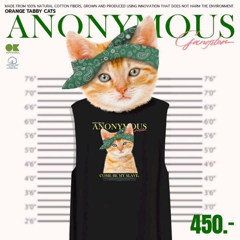 OK Apparel เสื้อยืดคอกลมแขนกุด แมว Gangster Oversize Cotton ⚡️USAคุ้มสุด!⚡️