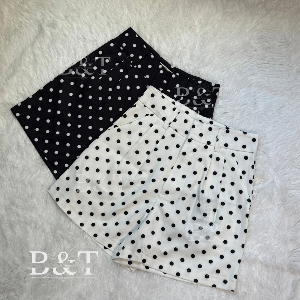 กางเกงขาสั้น Polka dot ผ้าเปเป้(Pepe) ความยาว 16 นิ้ว  ตะขอกลาง มีกระเป๋าใช้งานได้จริง
