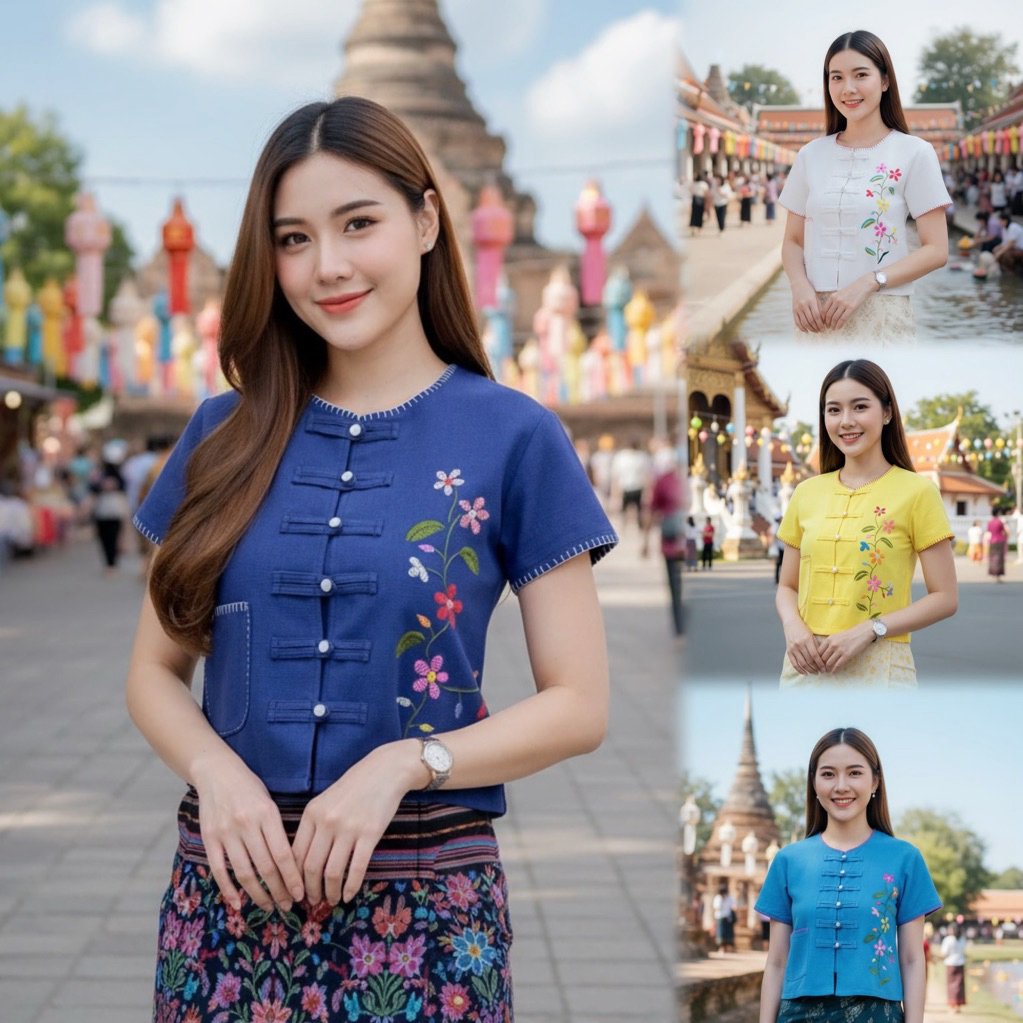 เสื้อพื้นเมืองผู้หญิงคอกลม ติดหูกระดุมโชว์