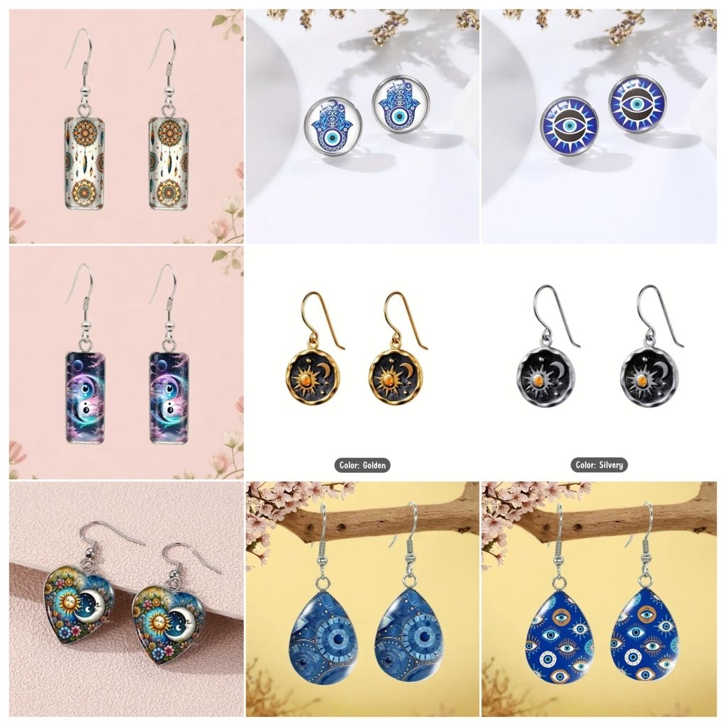 Earrings >> ต่างหู EVIL EYE 🧿 ต่างหูสไตล์โบฮีเมียน ต่างหูหินนำโชค ต่างหูลูกปัด ต่างหูโลหะ เครื่องประดับ Wicca Celestial