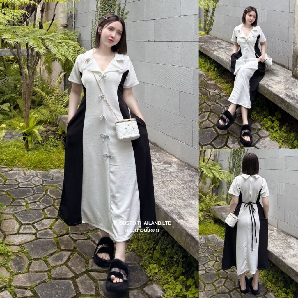 H20เดรสยาวรุ่นใหม่สาวไซส์มินิ-งานทูโทนคอปกแต่งโบว์เรียบหรู