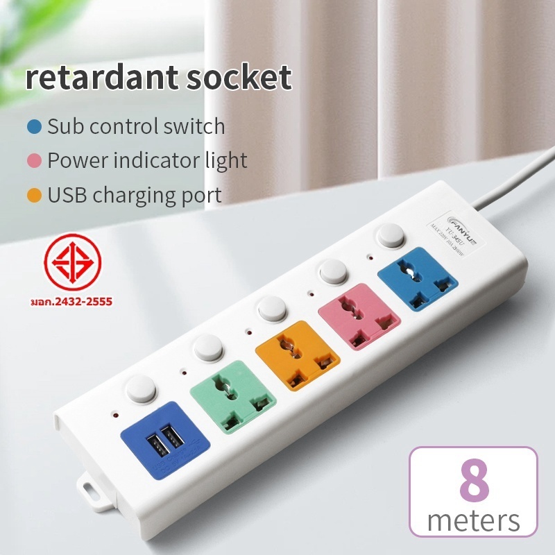 ปลักไฟสามตา พร้อมช่อง USB 2 ช่อง ปลีก ไฟ 4ช่อง ปลิกพ่วง รางปลักไฟ ปลักไฟUSB กันไฟสอง ชั้นปลักไฟ 3เมตร/5เมตร/8เมตร