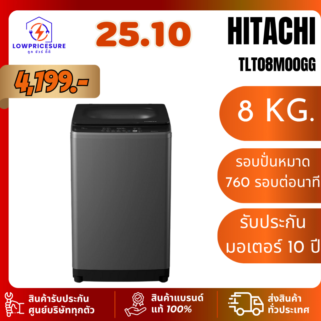 HITACHI รุ่น LTL08M00GG เครื่องซักฝาบน 8 Kg. LTL 08M00 GG อัติโนมัติ