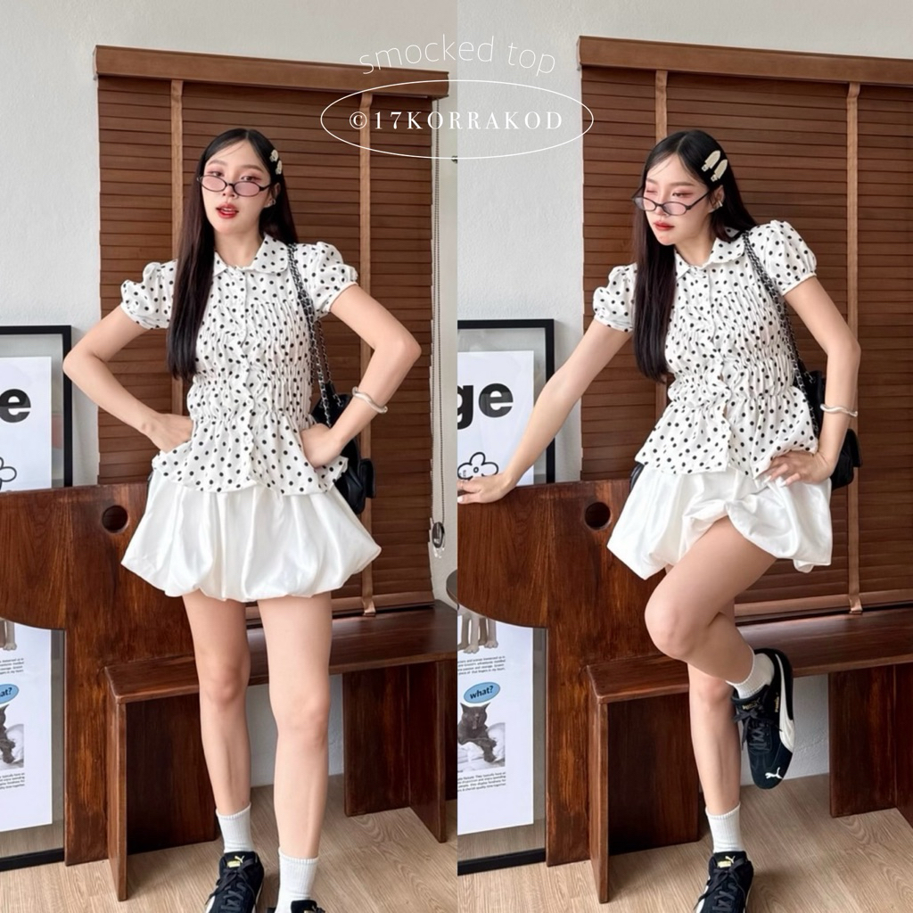 🌻เสื้อเชิ้ตคอบัวปกโค้งแขนตุ๊กตา ดีเทลสม็อครอบลำตัว (Cookies bear)