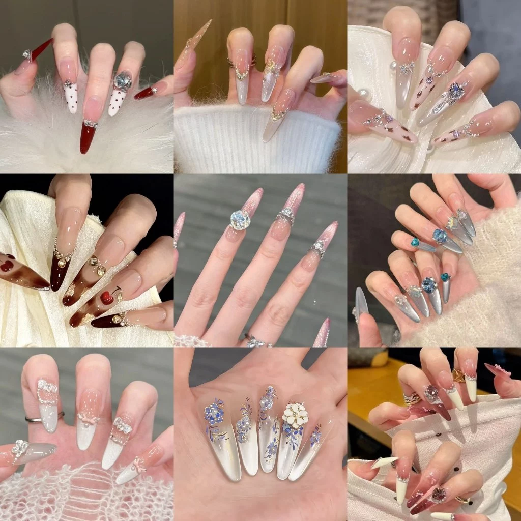 เล็บปลอมสไตล์ผสจีน เล็บปลอมทรงยาวพิเศษสีลูกแก้วแคทอาย ไซส์M เล็บปลอมแกรมๆ