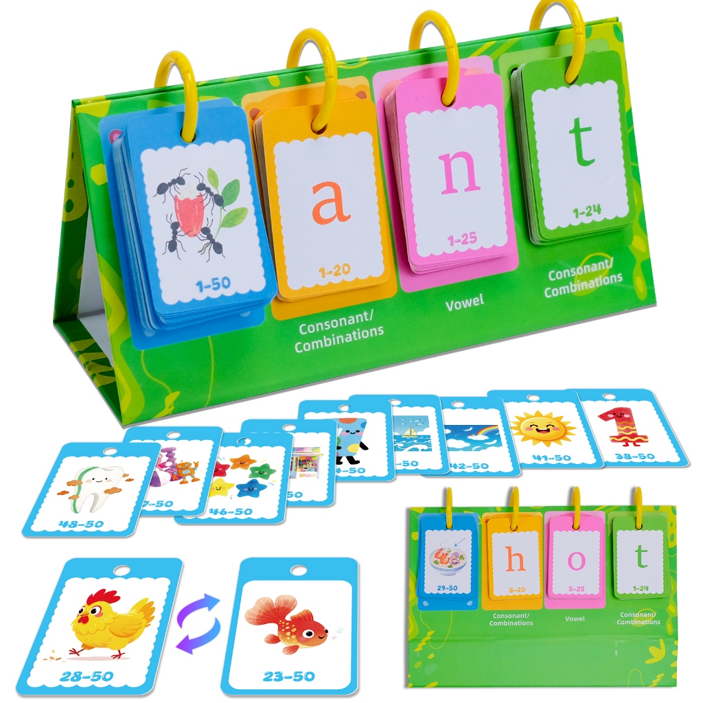 Phonics CVC Words English Flash Cards for Kids Homeschool Sight Words Vocabulary Builder Educational