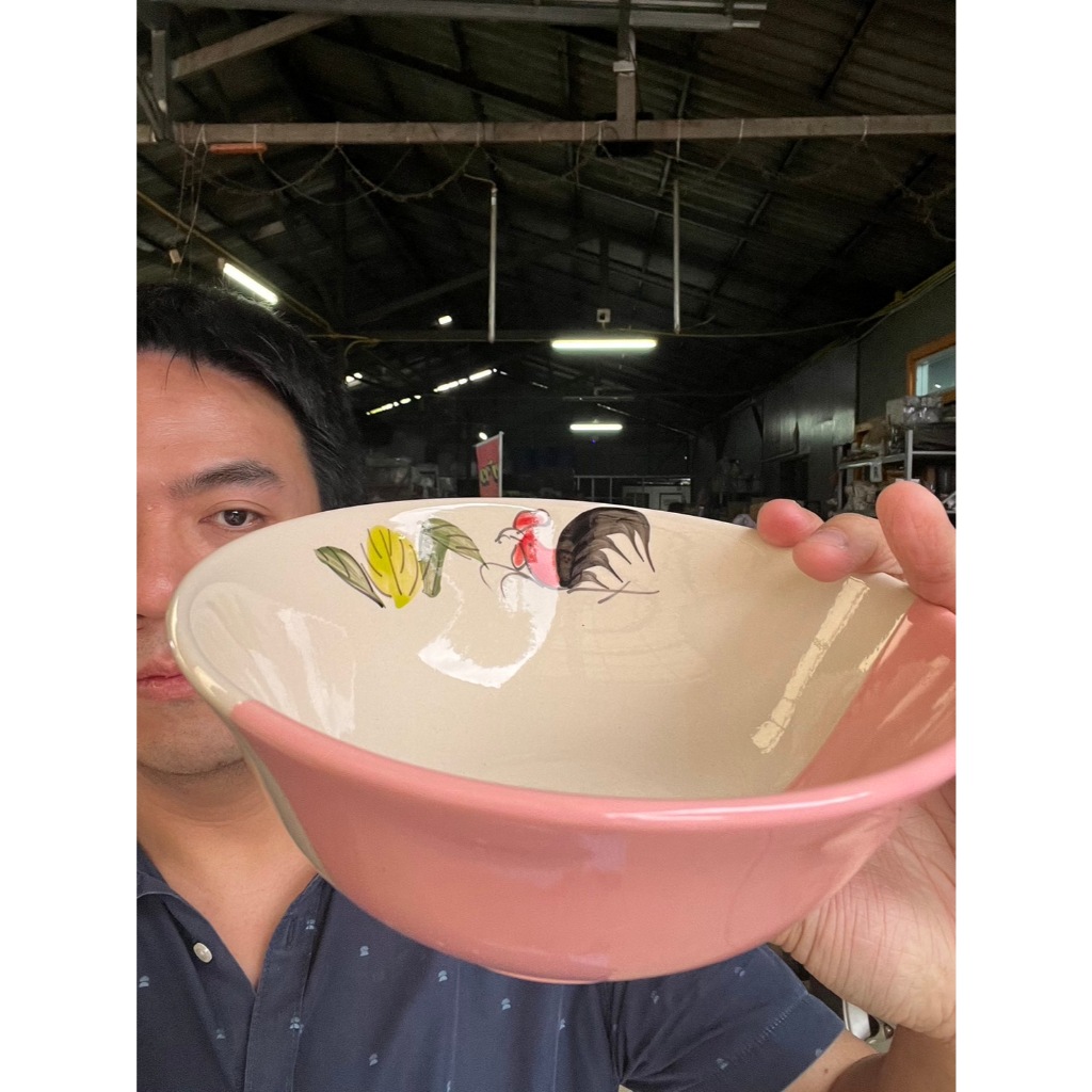 ชามตราไก่โบราณยกสูง ขนาด7.5นิ้ว  สูง3นิ้ว สีชมพูพาสเทลตราไก่ เนื้อสโตนแวร์ stoneware งานลำปาง ออกใบกำกับภาษีได้