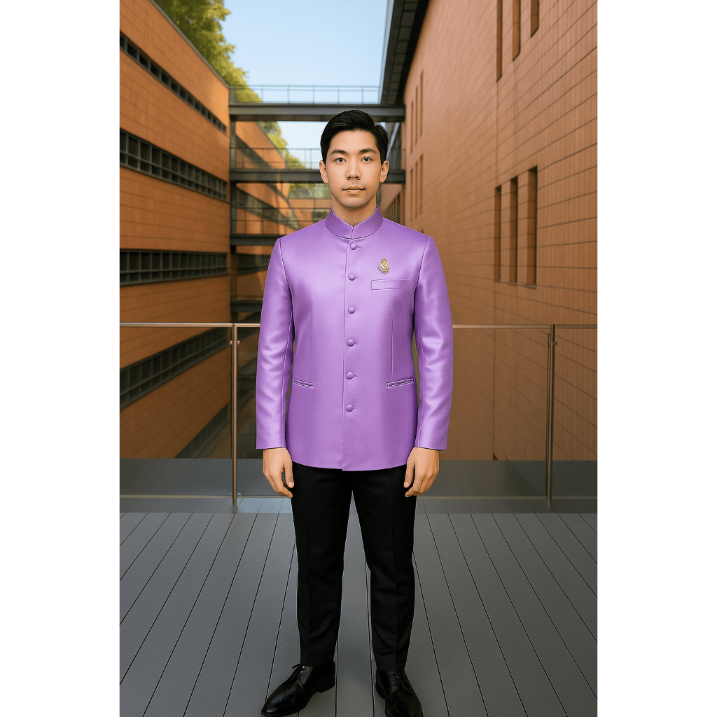 เสื้อผ้าไหมผู้ชาย สีม่วง (แยกชิ้น) แขนสั้น หรือแขนยาว เสื้อพระราชทาน
