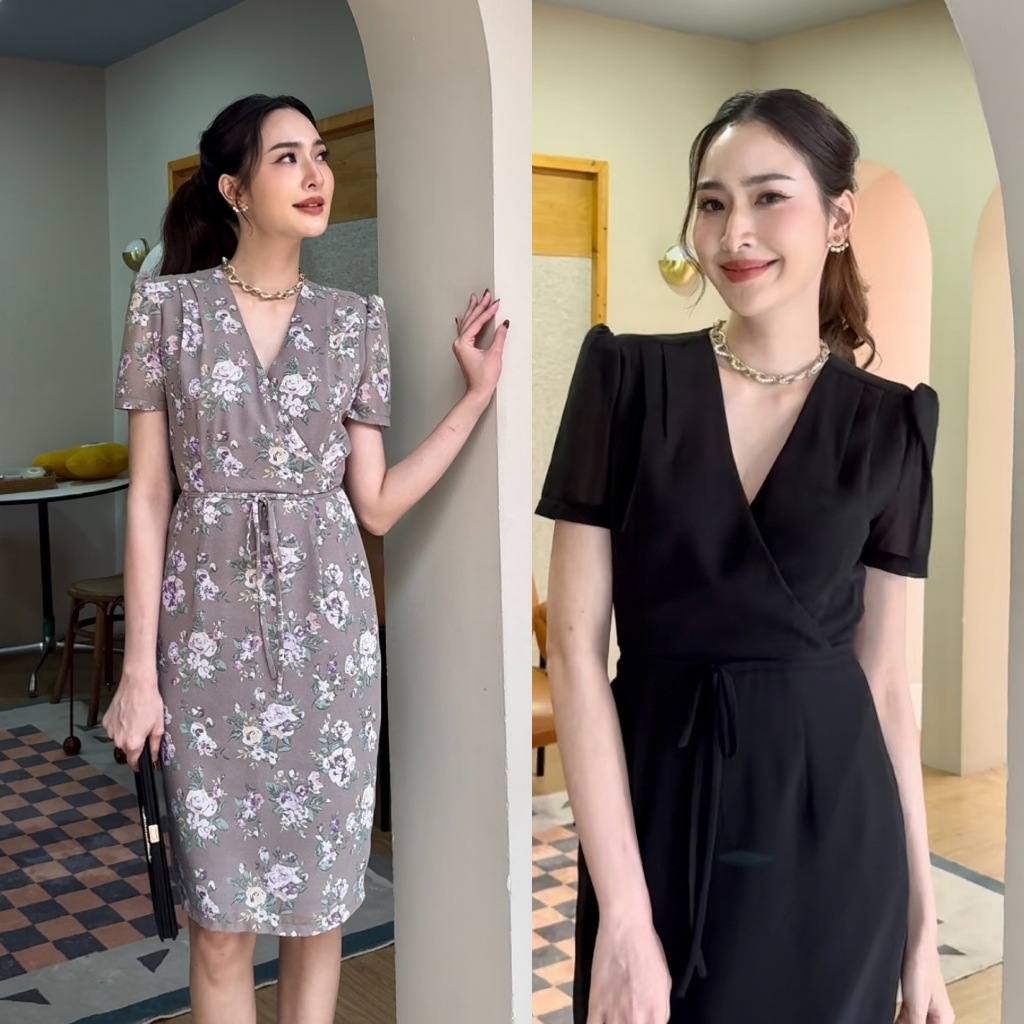 PD280 Chiffon Dress เดรสผ้าชีฟอง คอวี แขนสั้น กระโปรงเข้ารูปทรงสอบ