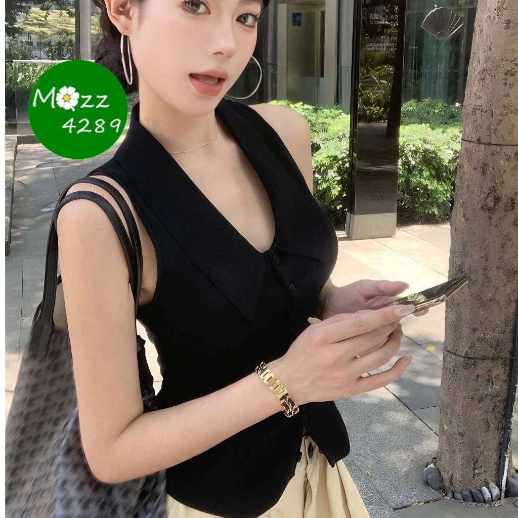 MQzz4289 *พร้อมส่ง* เสื้อกล้ามไหมพรม คอปก ดีเทลกระดุมด้านหน้า เสื้อแขนกุด ทรงรัดรูป Freesize