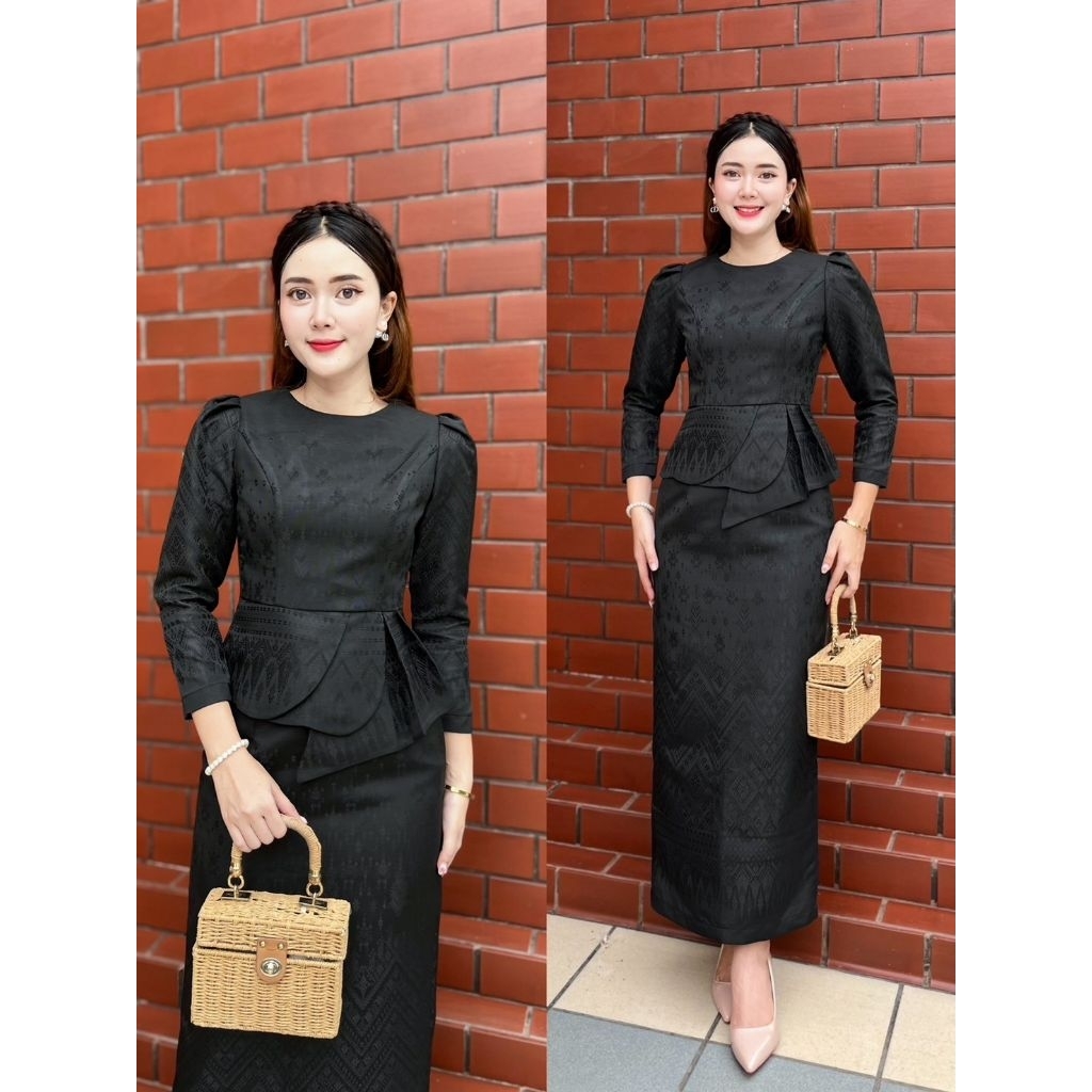 ชุดเซตผ้าฝ้ายทอยกดอกอัดกาว เสื้อ+กระโปรง