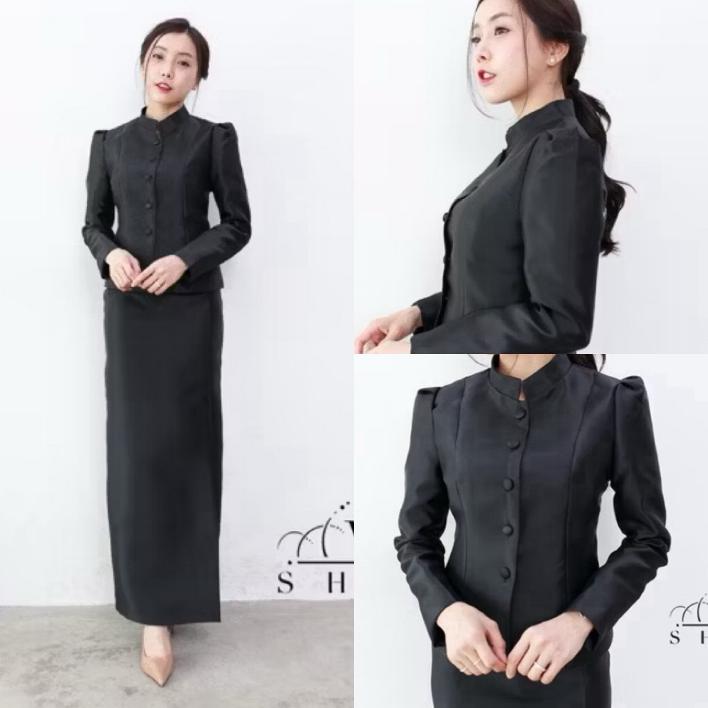 🔥พร้อมส่ง🔥แบรนด์Vshop ชุดไทยจิตรลดาผ้าไหมอิตาลี่สีดำ ชุดดำ เสื้อผ้าไหมเทียมอิตาลี่ ทรงไทยจิตรลดา กระดุมหน้า มีขนาด S-4XL