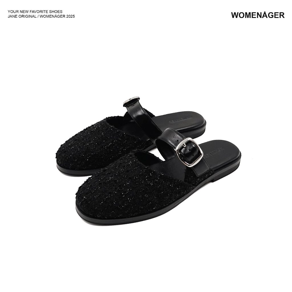 womenager - Jane Original สี Black tweed รองเท้าแตะคัทชูเปิดส้น สวมใส่ง่าย