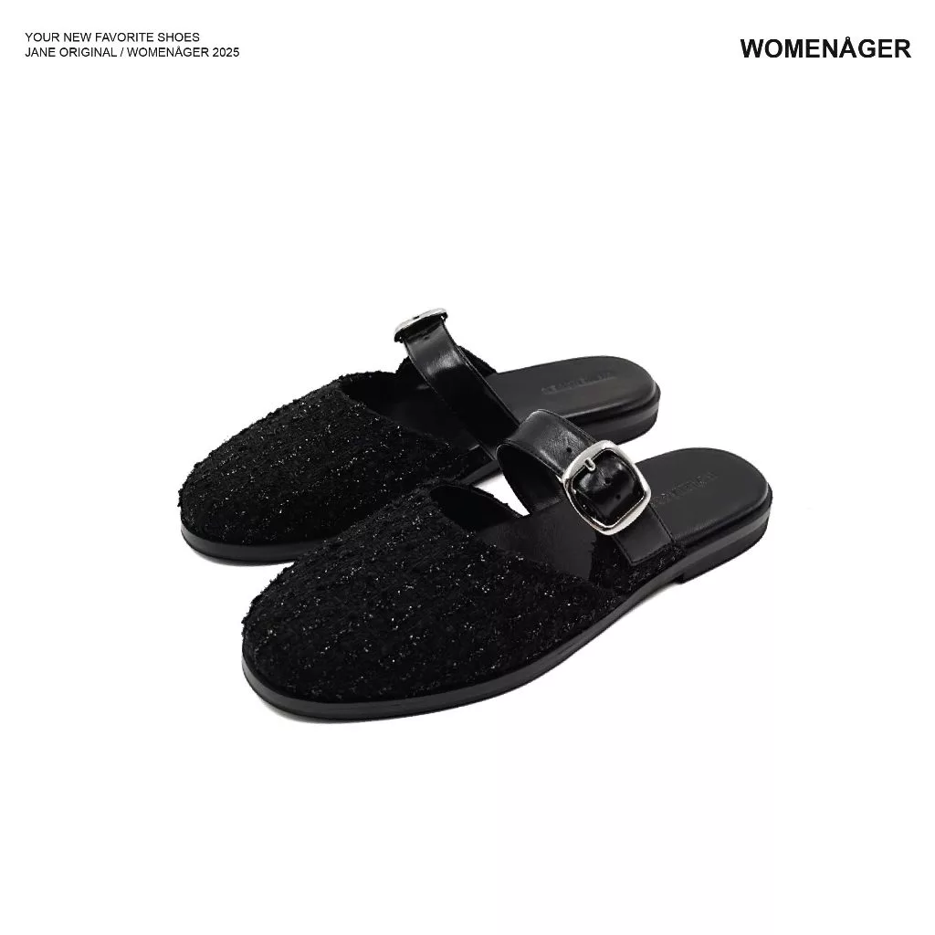 womenager - Jane Original สี Black tweed รองเท้าแตะคัทชูเปิดส้น สวมใส่ง่าย