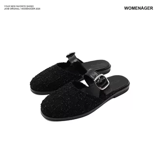 womenager - Jane Original สี Black tweed รองเท้าแตะคัทชูเปิดส้น สวมใส่ง่าย