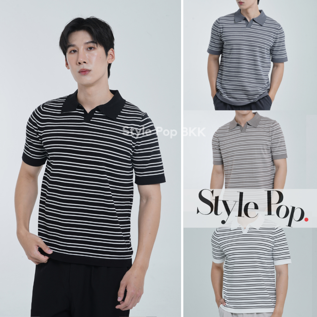 StylePop เสื้อโปโลแขนสั้น ทรงเกาลี ผ้าถักลายทาง (ผ้านุ่มใส่สบาย) Knit Polo Shirt [SM24]
