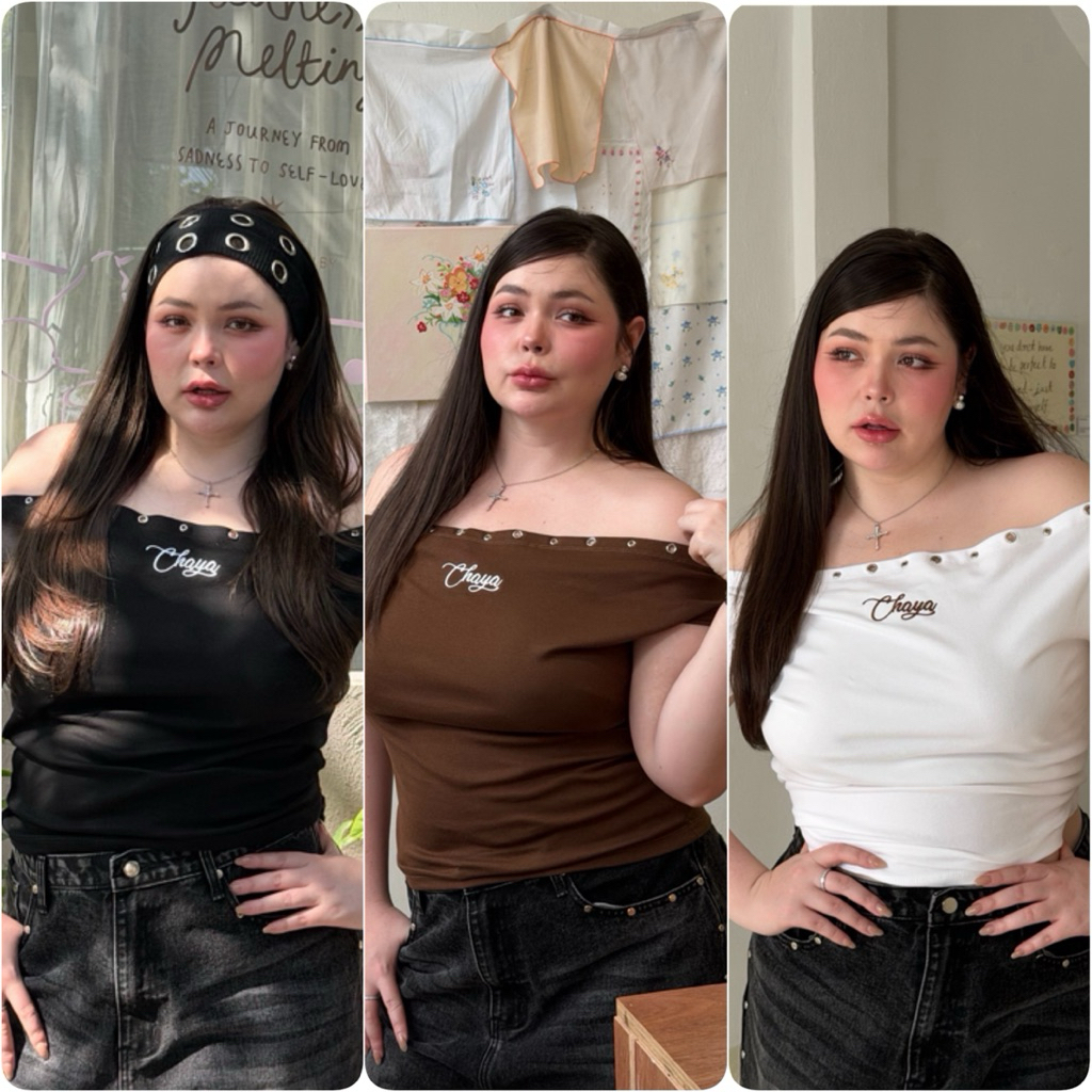 เสื้อแขนสั้นปาดไหล่ แต่งตอกตาไก่ ปักอก ผ้ายูนิโคล่ ใส่สวยเท่เกาหลี/เวียดนาม