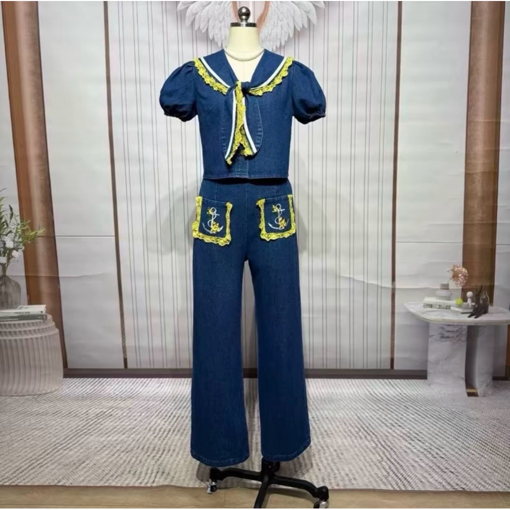 เซ็ตยีนเสื้อกางเกงขายาวป้ายCLTคอทหารเรือไซร้L ป้ายห้อย