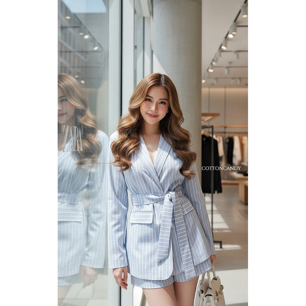 FK : เซ็ต 3 ชิ้น เสื้อแขนยาว คอปก สูท เบลเซอร์ ทรงโอเวอร์ไซด์ กับ กางเกง ขาสั้น กับ ผ้าผูกเอว ลายริ้