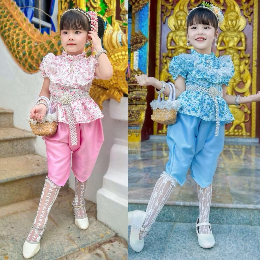 ชุดไทยเด็ก ลายดอก ใส่ทำบุญ ลายสุดฮิต มาใหม่ ❤️ส่งไว❤️