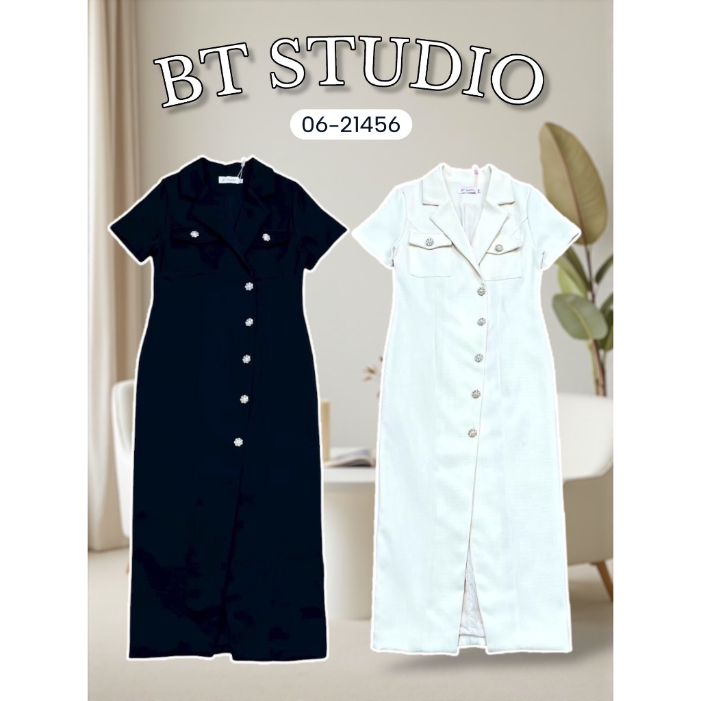 BT 06-21456 เดรสยาวแขนสั้นคอปก กระเป๋าหน้า กระดุมหน้าเรียง ใช้งานได้จริง แหวกหน้าด้าน ใส่ทำงาน ออกงาน เที่ยว