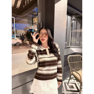 BY IRA Friday Sweater เสื้อโปโลแขนยาวผ้าไหมพรมทอลายทาง กระดุมหน้า ผ้าดีมาก