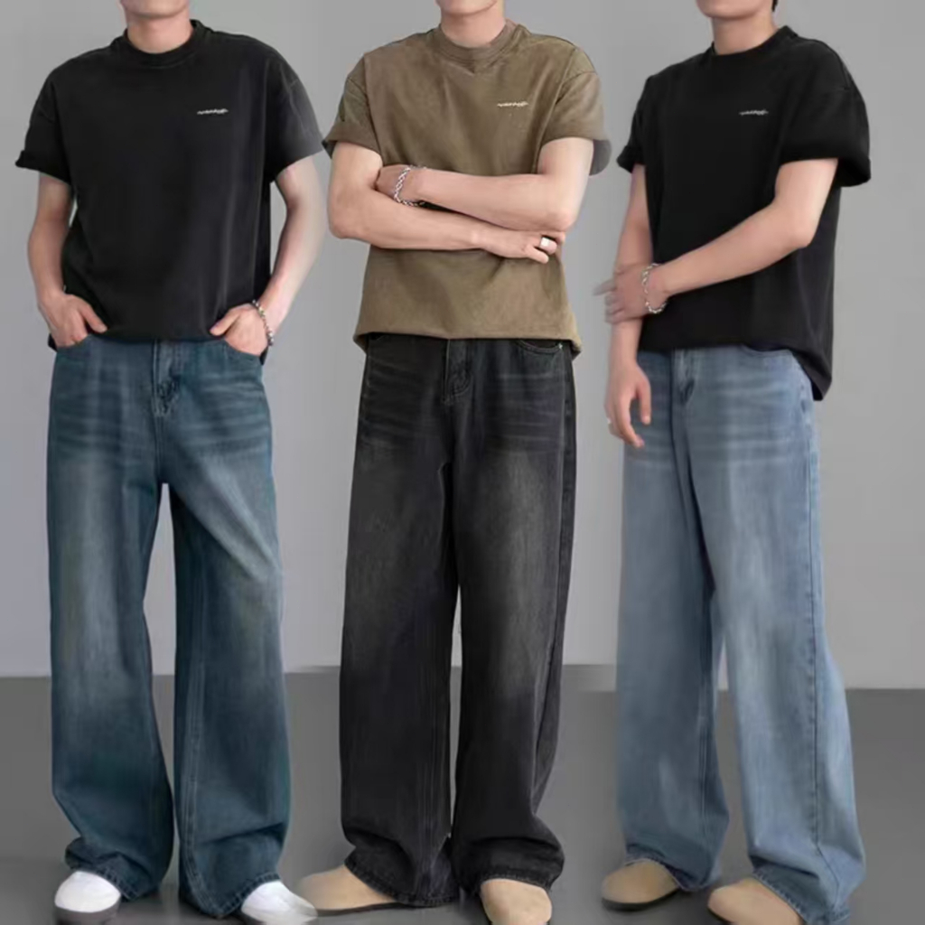 🔥919nn🔥กางเกงยีนส์กระบอกใหญ่ กระบอกลิซ่า ยีนส์สนิมเขียวฟอก S-2XL