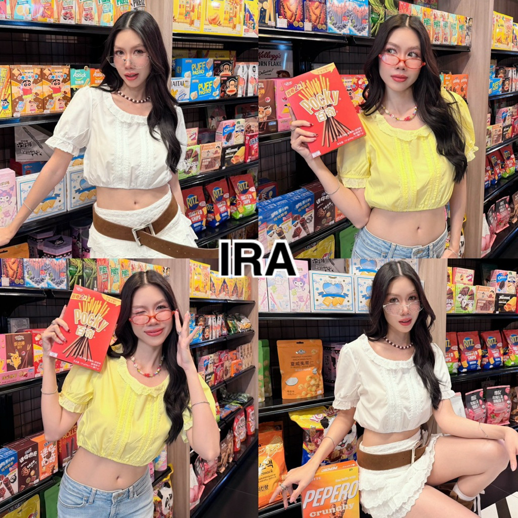 BY IRA Lovely Lace เสื้อครอปแขนสั้น แต่งระบายลูกไม้ แมทง่าย น่ารักสดใส