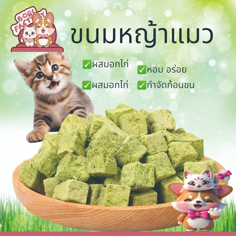 Boqi Factory  ขนมหญ้าแมว ฟรีซดราย ผลิตจากต้นอ่อนข้าวสาลี ผสมอกไก่ Catnip