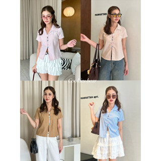 C110 - Cookies Bear 🏐 เสื้อเชิ้ตคอปกแขนสั้น ผ้าลายริ้วคอตตอน…