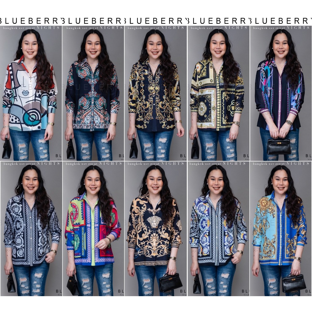 BLUEBERRY NIGHTS L4285 เสื้อเชิ้ตแขนยาว ผ้าโพลีเอสเตอร์ผสมชีฟอง พิมพ์ลายทั้งตัว ปลายแขนติดกระดุม
