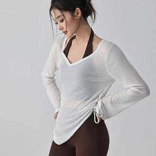 FitYoga เสื้อกีฬาออกกำลังกายหลวม ๆ ของผู้หญิง เสื้อระบายอากาศบาง ๆ โยคะ แขนยาว การฝึกพิลาทิส เสื้อโยคะ