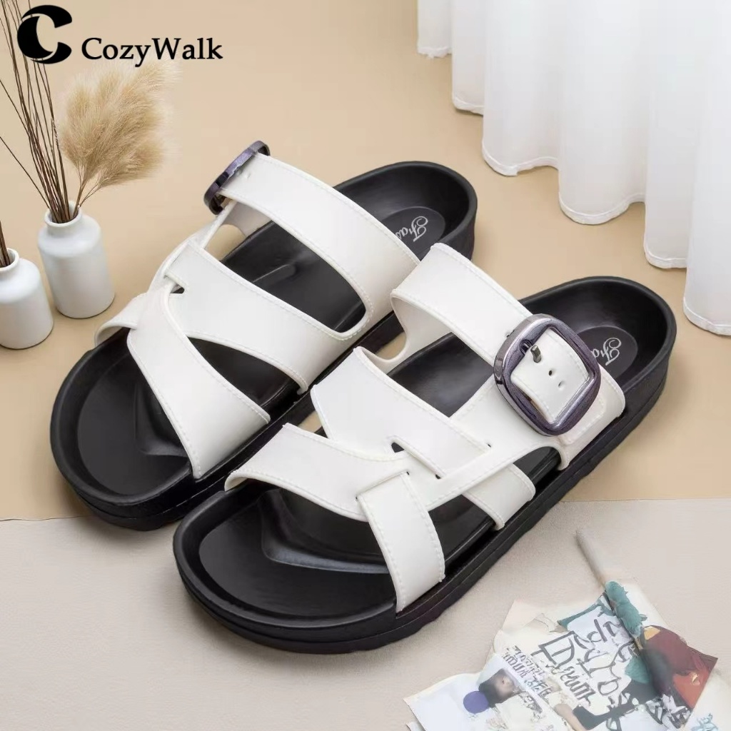 CozyWalk รองเท้าแตะผู้หญิง สายคาดคู่ แบบสวม หัวตัด พื้นนุ่ม กันลื่น สไตล์มินิมอล วัสดุ PCU