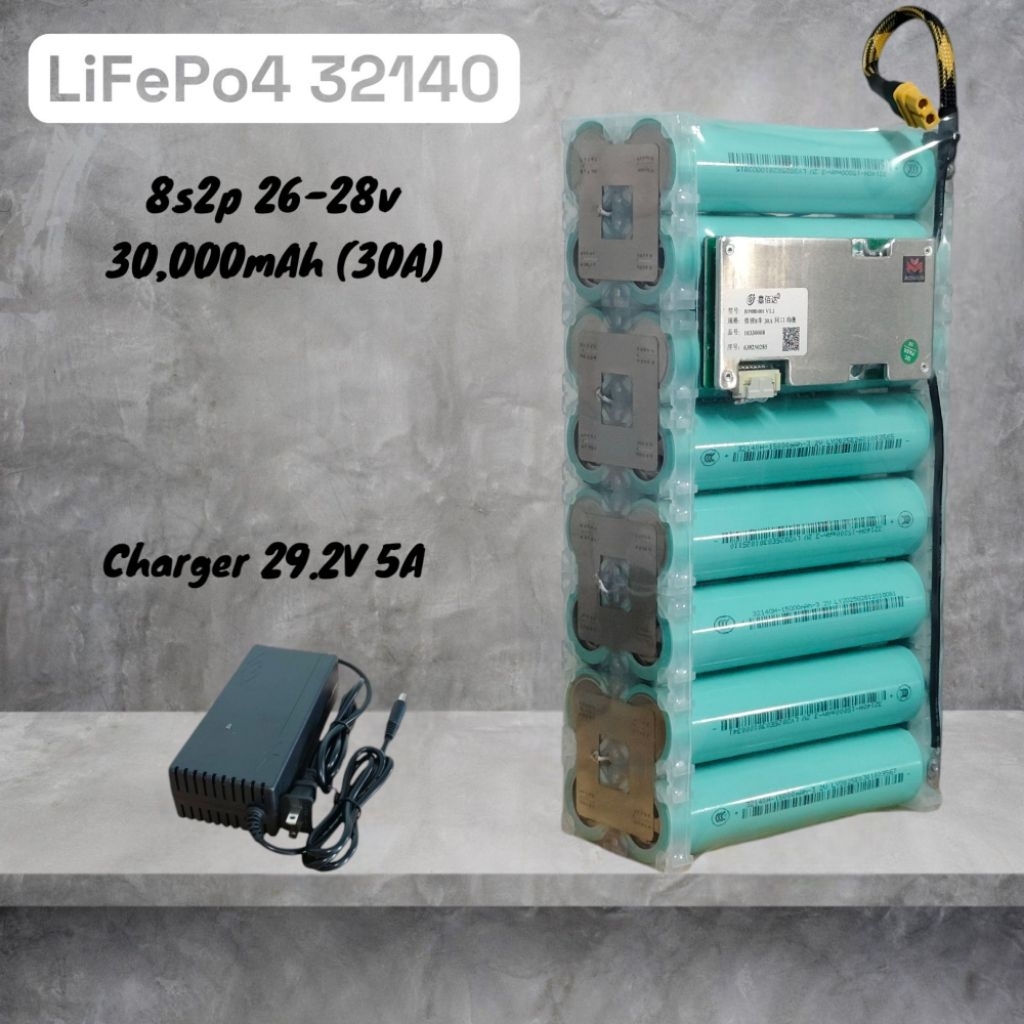 แบตเตอรี่แพ็ค 8S2P ลิเทียมฟอสเฟต BMS 30A,50A,60A LiFePo4 8s2p 26-28v 30,000mAh (30A)