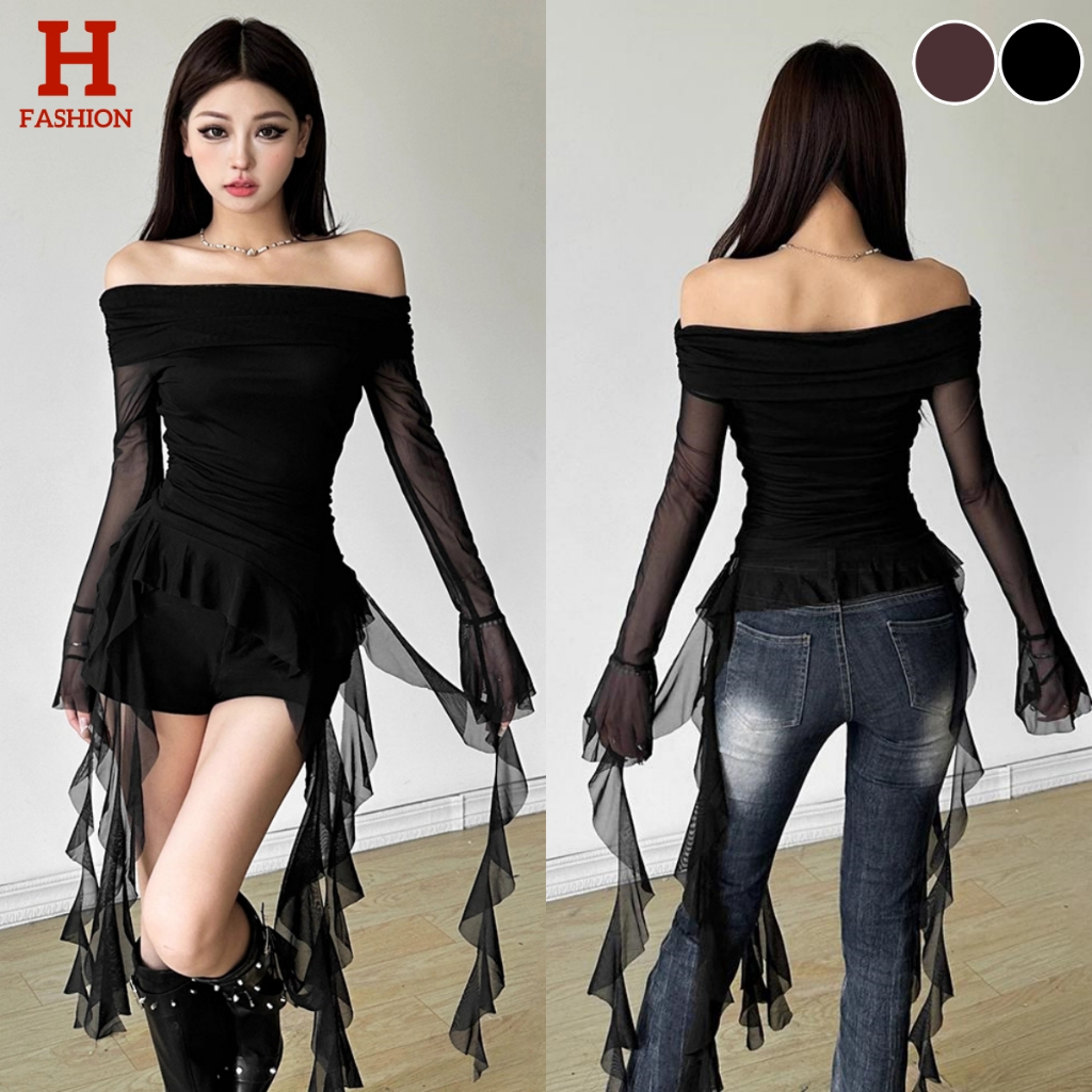 พร้อมส่งจากไทย (FY2750) เสื้อเปิดไหล่แขนยาว สีพื้น ยืดตามตัว ปลายปล่อย