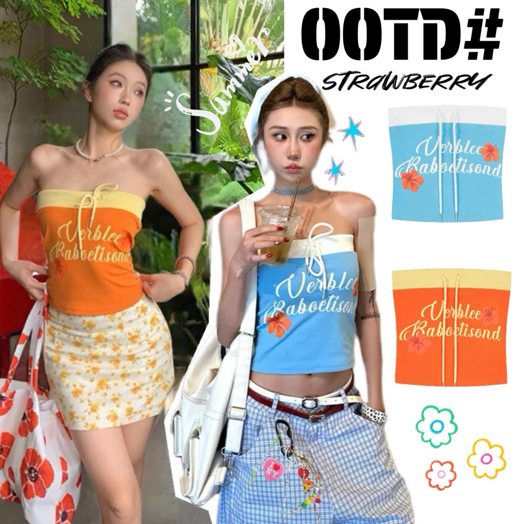 STR พร้อมส่ง🏝️⛱️เสื้อเกาะอกผู้หญิง ดีไซน์เชื่อกผูกโปว์ เสื้อครอปทรงรัดรูป กระชับสัดเอวสาวร้อนเซ็กซี่ย้อนยุค เสื้อไปทะเล