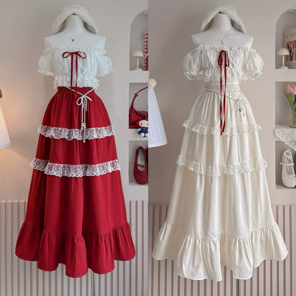 🌷☁️ ชุดเซตปาดไหล่ฉลุ กระโปรงยาวน่ารักมากก