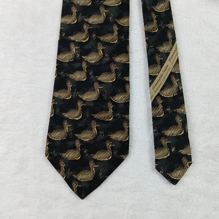 เนคไท ผ้าไหม Ermenegildo Zegna Men's Silk Tie Duck Art Design Black Made in Italy