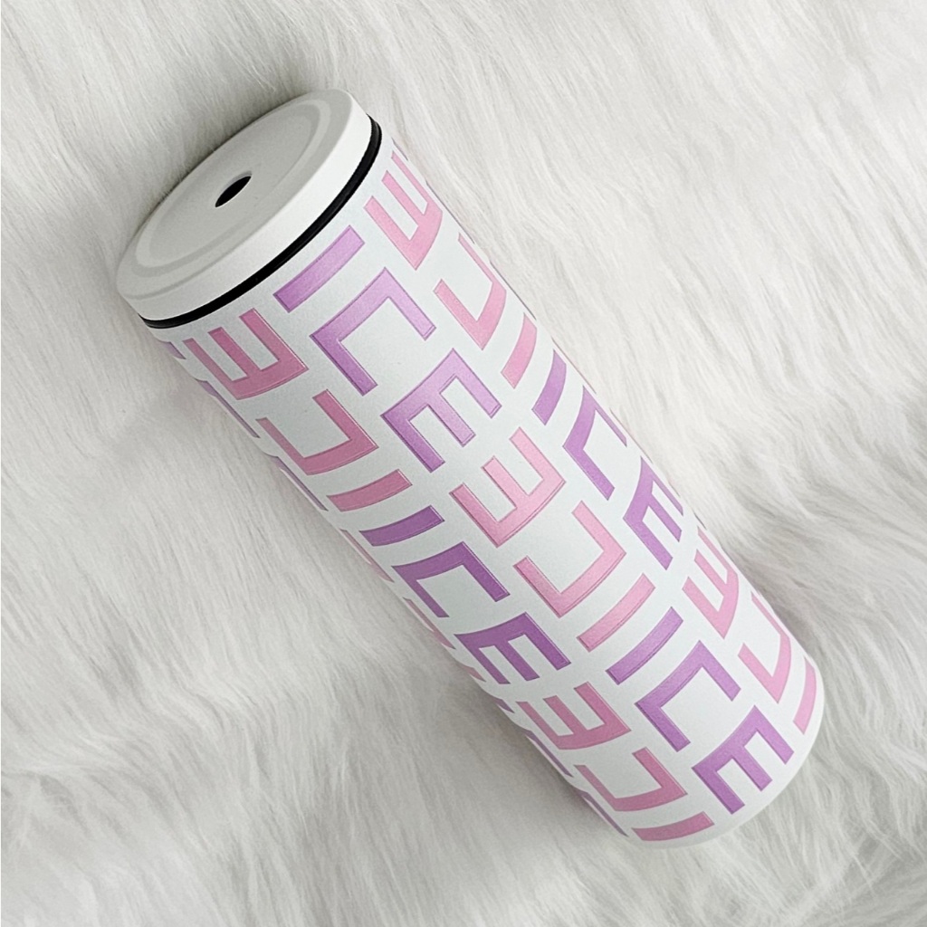 แก้วเก็บความเย็น Monogram ใส่ชื่อตัวเองได้ แก้วสีขาว พาดลายสีม่วง ชมพู
